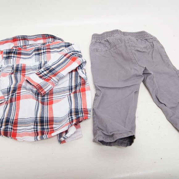 Old Navy Baby Boy 2-Piece Outfit 6–12 Months – Red Plaid Shirt & Gray Pants Set - Picture 3 of 4